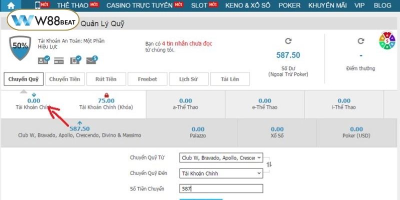 Thực hiện chuyển quỹ vào tài khoản chính trước khi rút tiền NC88